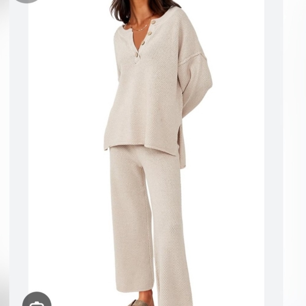 Cream Thermal Two-Piece Waffle Loungewear Set - Crop Top & Wide Leg Pants